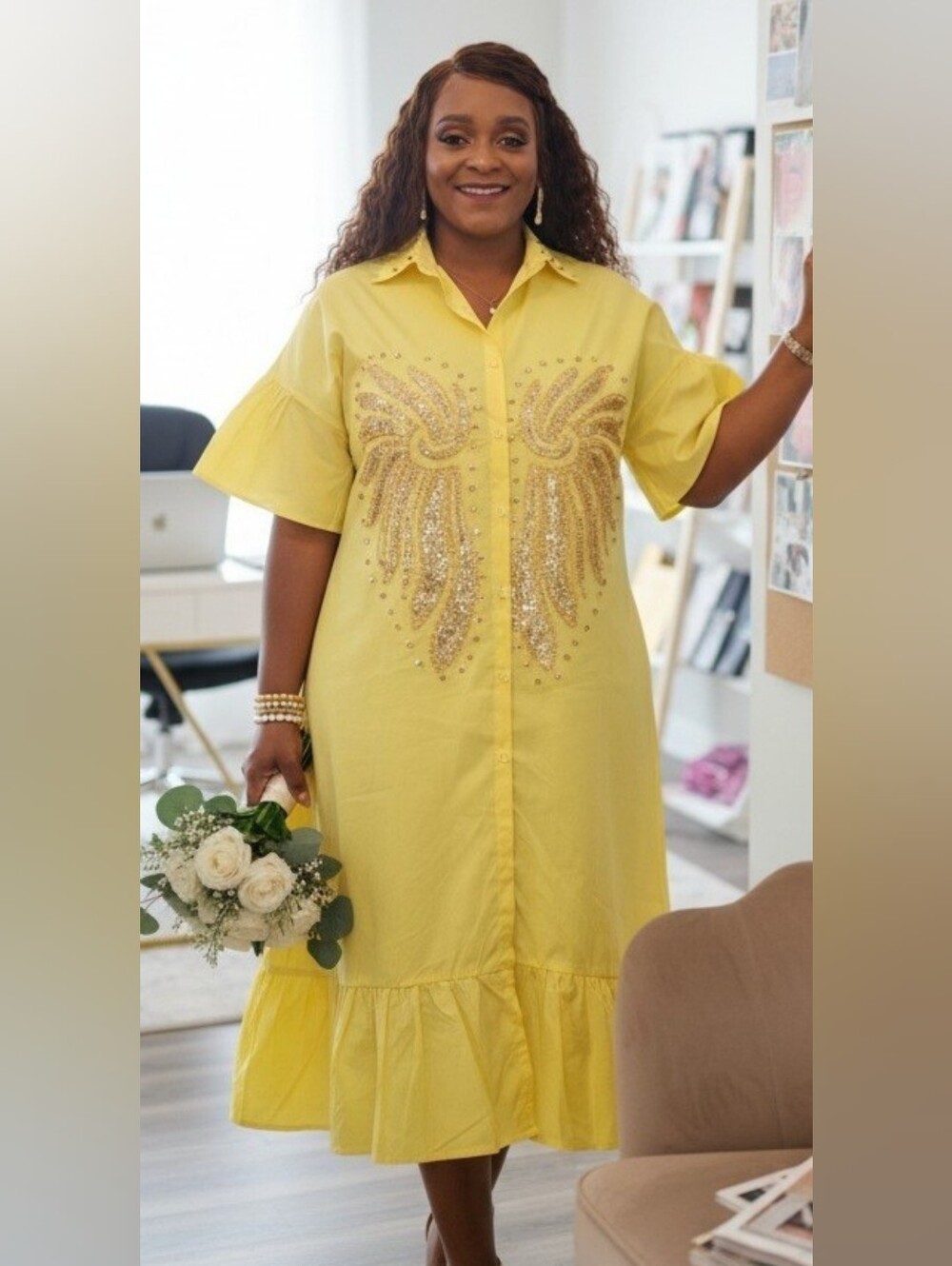 Yellow Embellished Midi Shirt Dress with Ruffle Hem